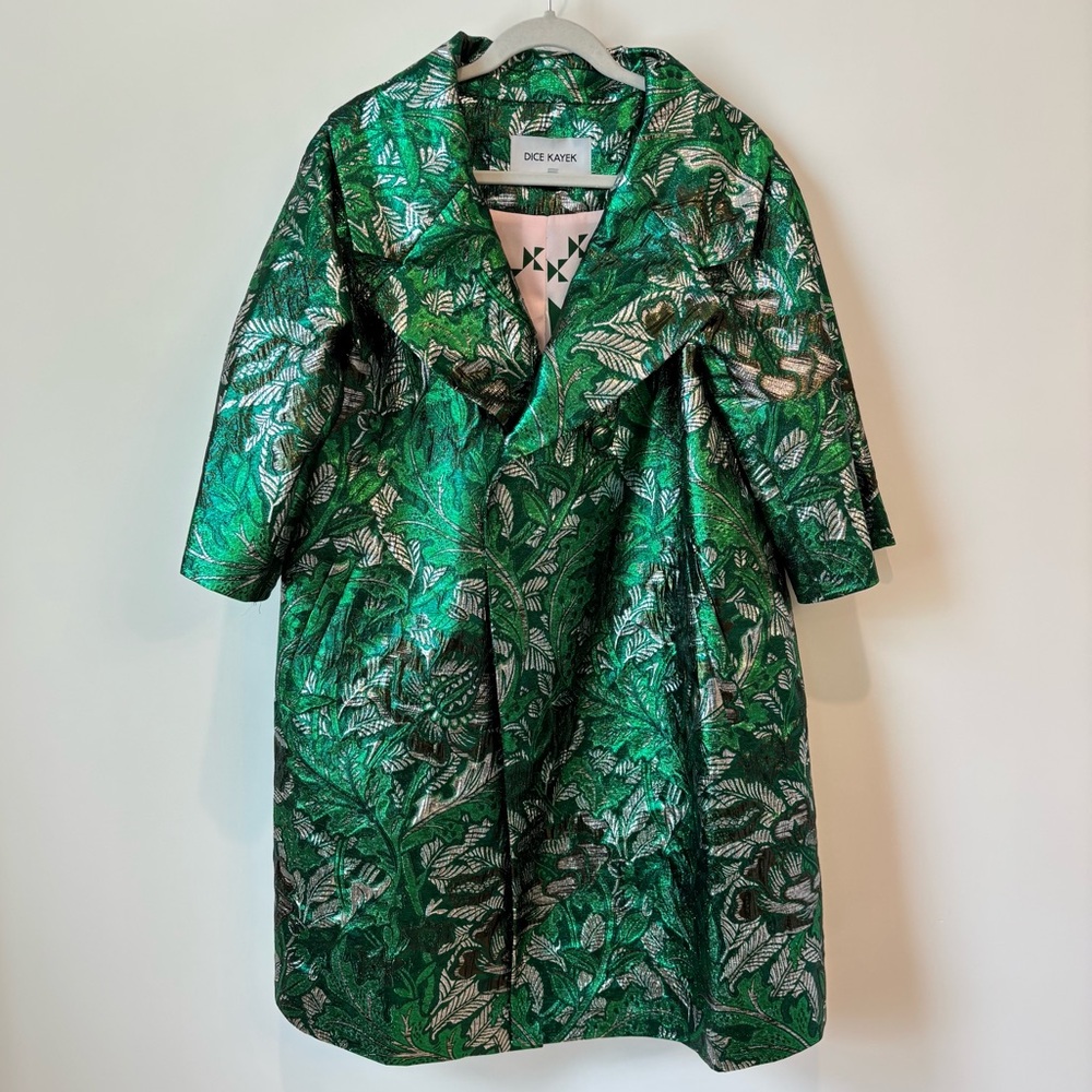 Dice Kayek Green Leaf Metallic Brocade Pattern Coat